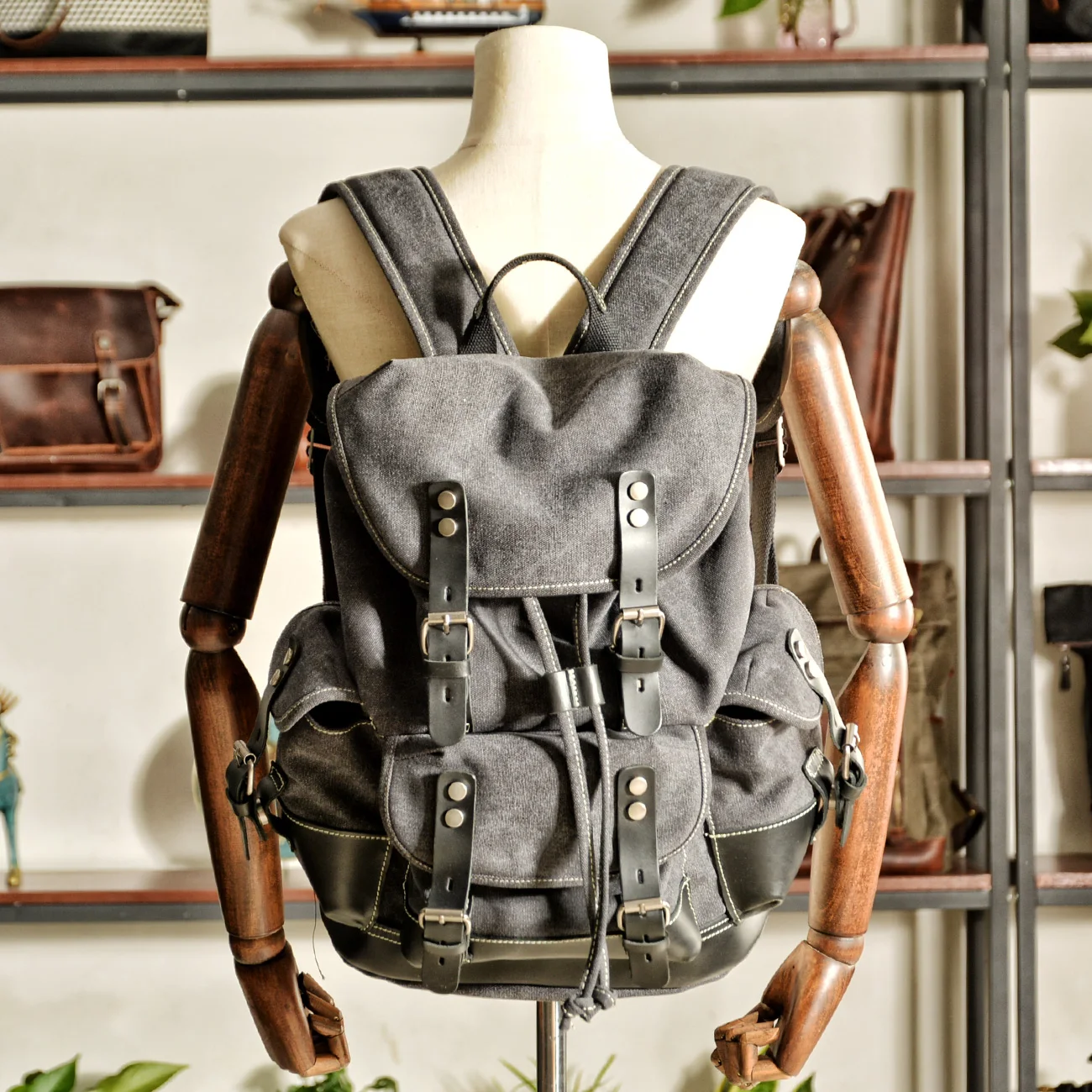 Handmade Leather Canvas Backpack Men Travel Backpacks Rucksack