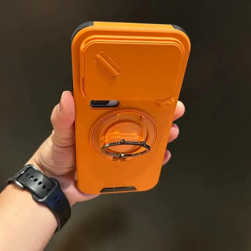 Slide Camera Cover Shockproof Case with Magnetic Ring Stand and Hard PC TPU Protective Shell