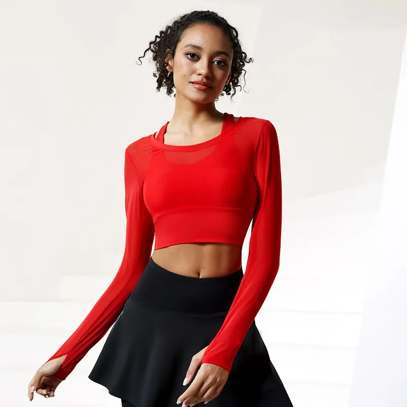 Women 2 in 1 Translucent Mesh Breathable Long Sleeve Workout  Cross Back Yoga Shirt Gym Sport Tops Running Wear With Chest Pad