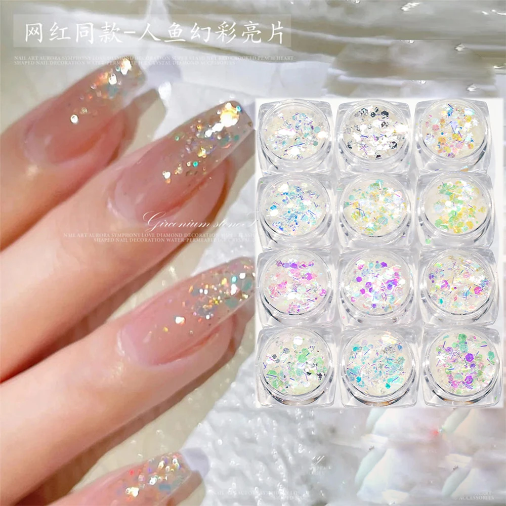 12Jar/Set Holo Aurora Nail Paillettes Mix Star/Moon/Hexagon Mermaid Chunky Chrome Diamond White Glitter Per La Decorazione Di Occhi/Manicure