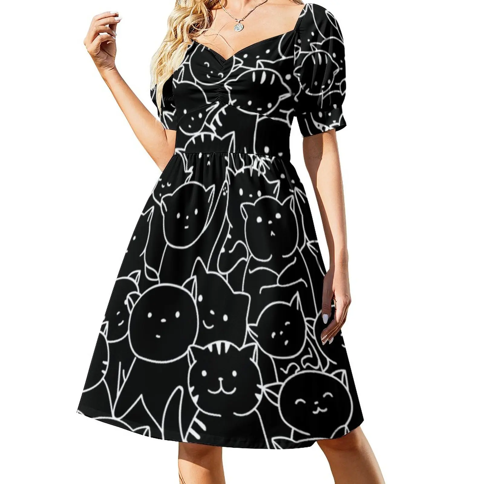 

Kawaii Cat Pattern Casual Dress Kitties Making Huge Pile Of Cute Cats Street Fashion Dresses Summer Cute Dress Big Size 4XL 5XL