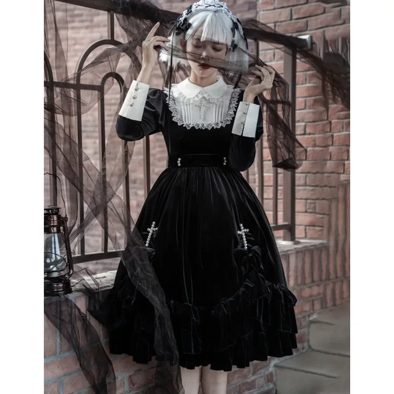 

Vintage Cross Hymn Lolita Skirt Japanese Op Lolita Dress Black Sweet Dress Girl Black Pearl Cross Cosplay Dress