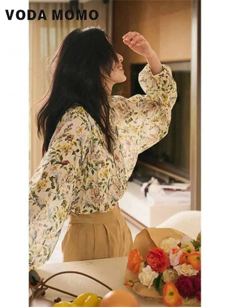 Summer Thin Soft Vintage French Style Tender All-match Classic Fashion Femme Floral Shirts for Women Loose Casual Minimalist