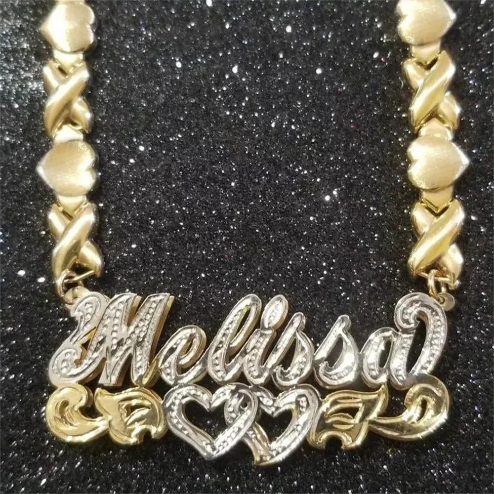 Индивидуальное ожерелье с именем на заказ, Двухслойное женское ожерелье из нержавеющей стали под золото, цепочка XOXO в форме сердца для девочек