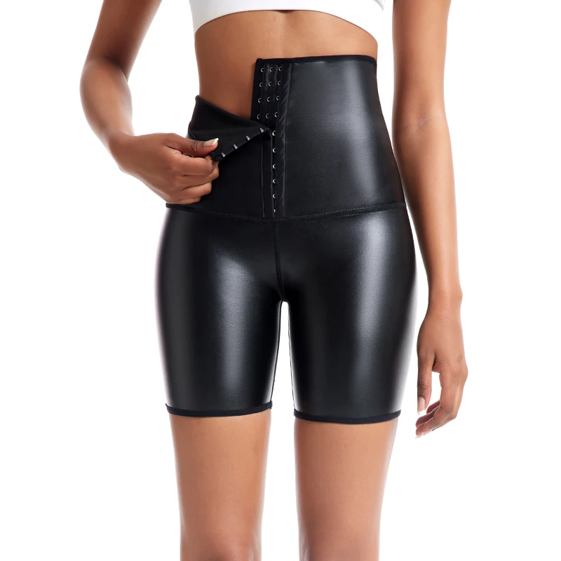 

Yoga Fitness High Waist Leather Shorts Sports Gym Leggings Slim Tummy Control Adjustables Athletic Pants Women's Pleather Shorts