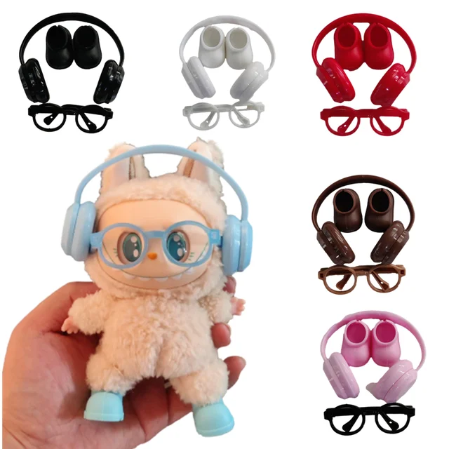 אביזרים לעשייה עצמית עבור נעלי Labubu V1 V2 ללא עדשות משקפיים סט אוזניות פלסטיק מעוצבות עם בובת פלאש קישוט ליום ההולדת 1
