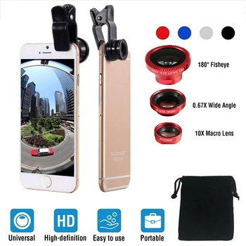 Obiettivo 3 in 1 per telefono, fish-eye, grandangolare, macro, leggero, con clip universale per iPhone, Xiaomi, OPPO