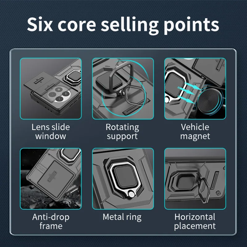 Slide Lens Protect Armor Phone Case with Car Magnetic Ring Holder and Back Cover