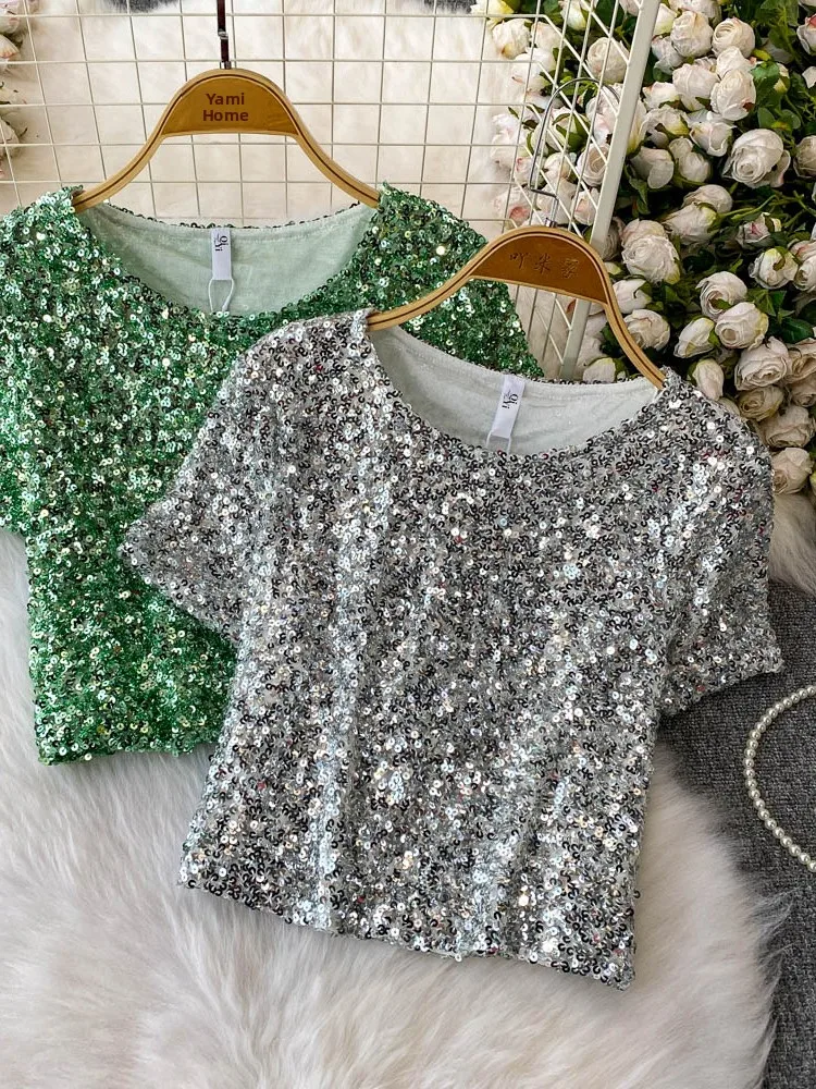 Faionable ort Sexy Slim Fit Women's T-irt Glitter Heavy Embelliment Summer New Design Korean Sle round Ne Top
