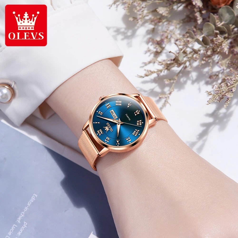 OLEVS 2920 Watch For Women Waterproof Dual Calendar Milanese Steel Strap Ladies Hand Clock Luxury Original Quartz Dress Watches