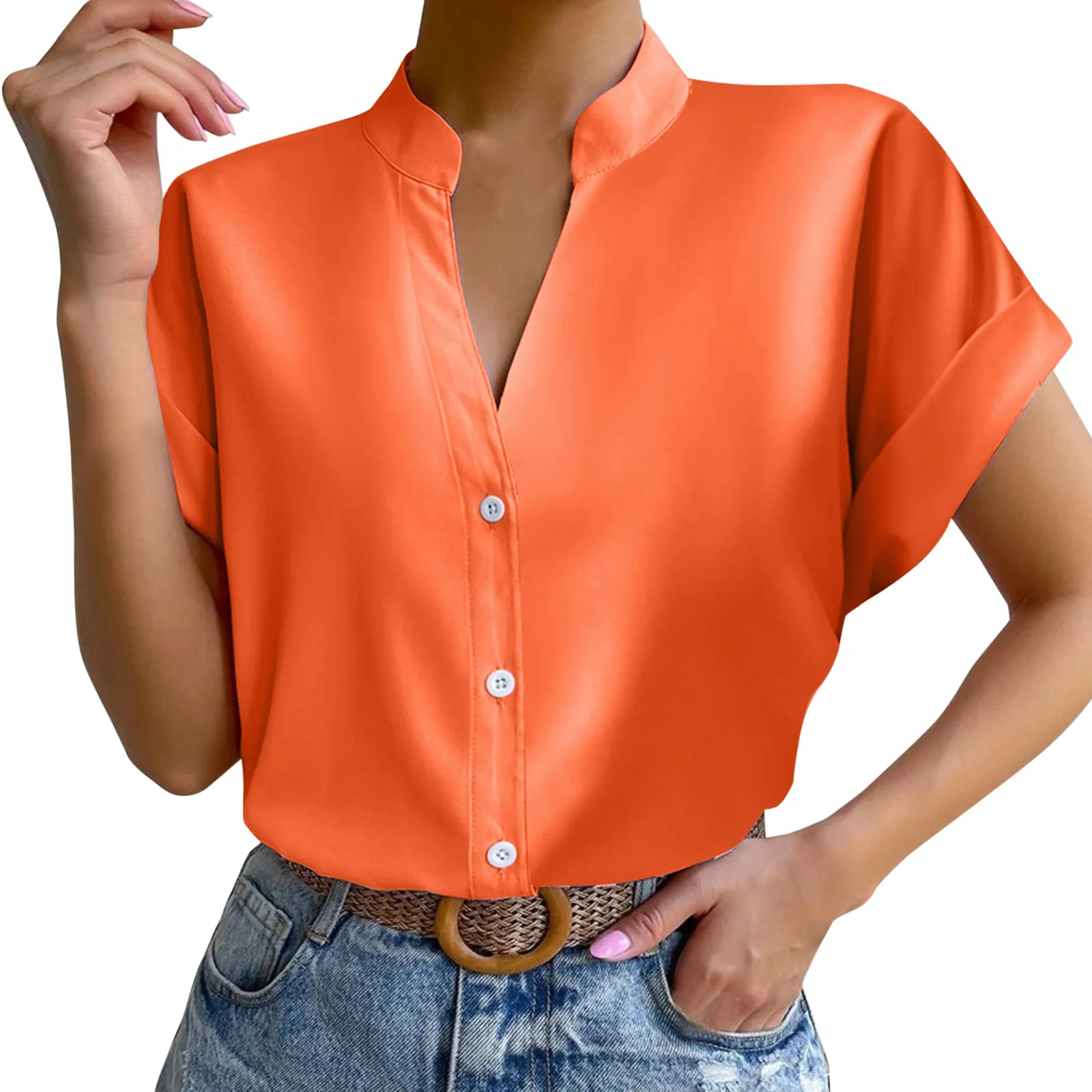 Summer 2025 Women's Satin V-Neck Short Sleeve Shirt – Elegant & Chic