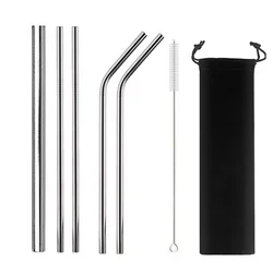 Eco-Friendly Stainless Steel Reusable Straw Set with Cleaning Brushes (7Pcs Silver A)