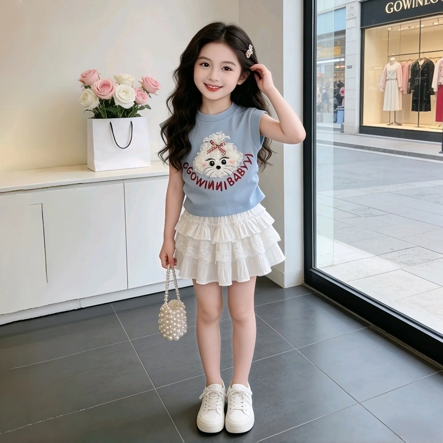Girls Summer Outfit Short Sleeve T-Shirt And Skirt Set Two Pieces Casual Style Children's Fashion Trendy Clothing for Kids - 3