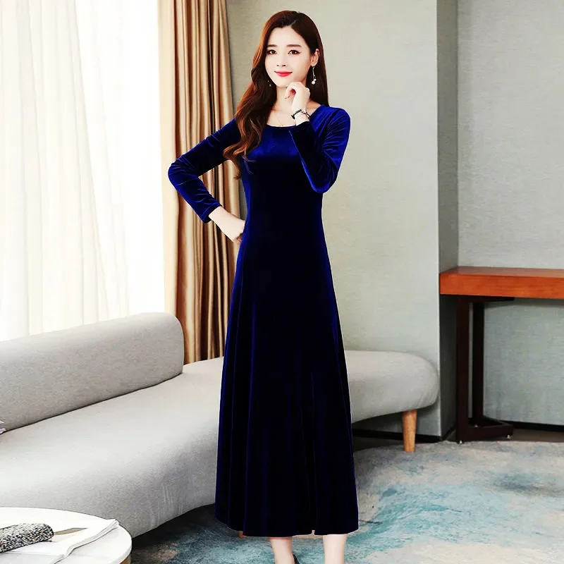 2023 Spring, Autumn, and Winter New Gold Velvet Dress Women Mid length Slim Fit Temperament Long Sleeve Autumn Dress Long Dress