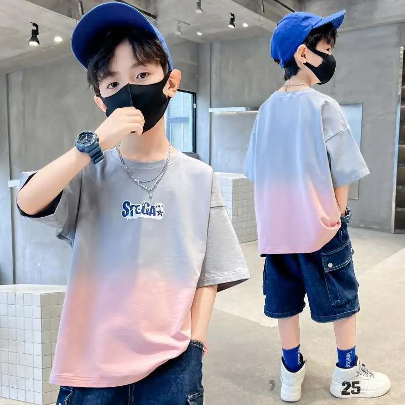 

Boys Summer Cotton Fashion Gradient Short Sleeve T-shirts 2024 New Youth Teenage 5-14 Years Boys Streetwear Outfits Tops Clothes