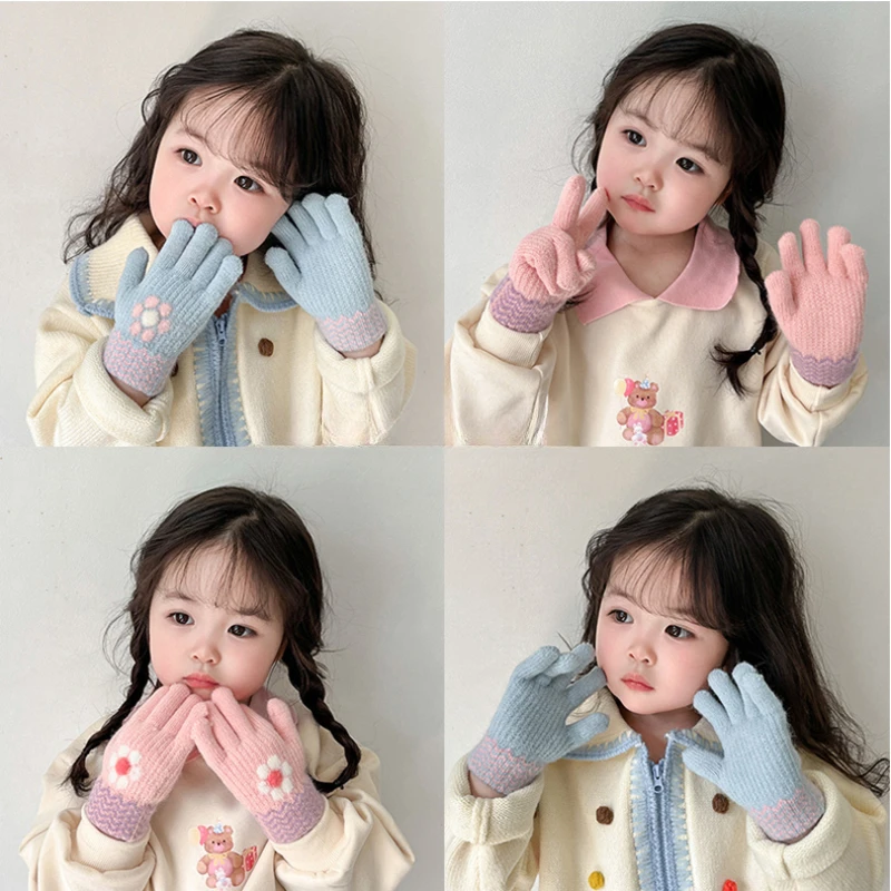 Knitted Gloves Children Gloves Girls Winter Knitting Gloves Flower Bow Printing Five Finger Gloves Outdoor Warm Gloves