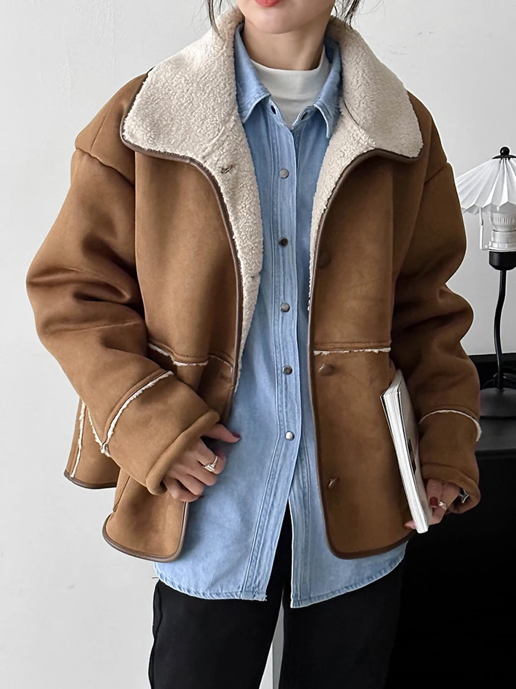 QOERLIN Suede Cashmere Jackets Women Thicken Winter Warm Overcoat Windproof Waterproof Khaki Button Up Pocket Vintage Coat