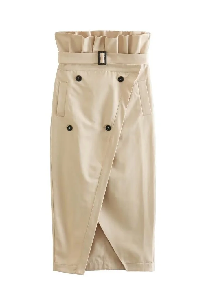 

MESTTRAF Women 2023 Fashion Solid Color With Belt Paperbag Midi Skirt Vintage High Waist Front Button Female Skirts