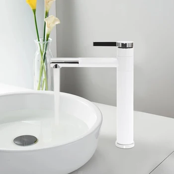 Kitchen 360° Rotatable Tap Bathroom High Washbasin Mixer Tap White Single Lever Mixer Tap for Bathroom Brass 1