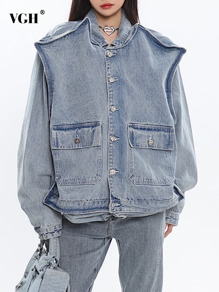 

VGH Patchwork Pockets Casual Denim Jackets For Women Lapel Long Sleeve Spliced Single Breasted Streetwear Jacket Female Fashion
