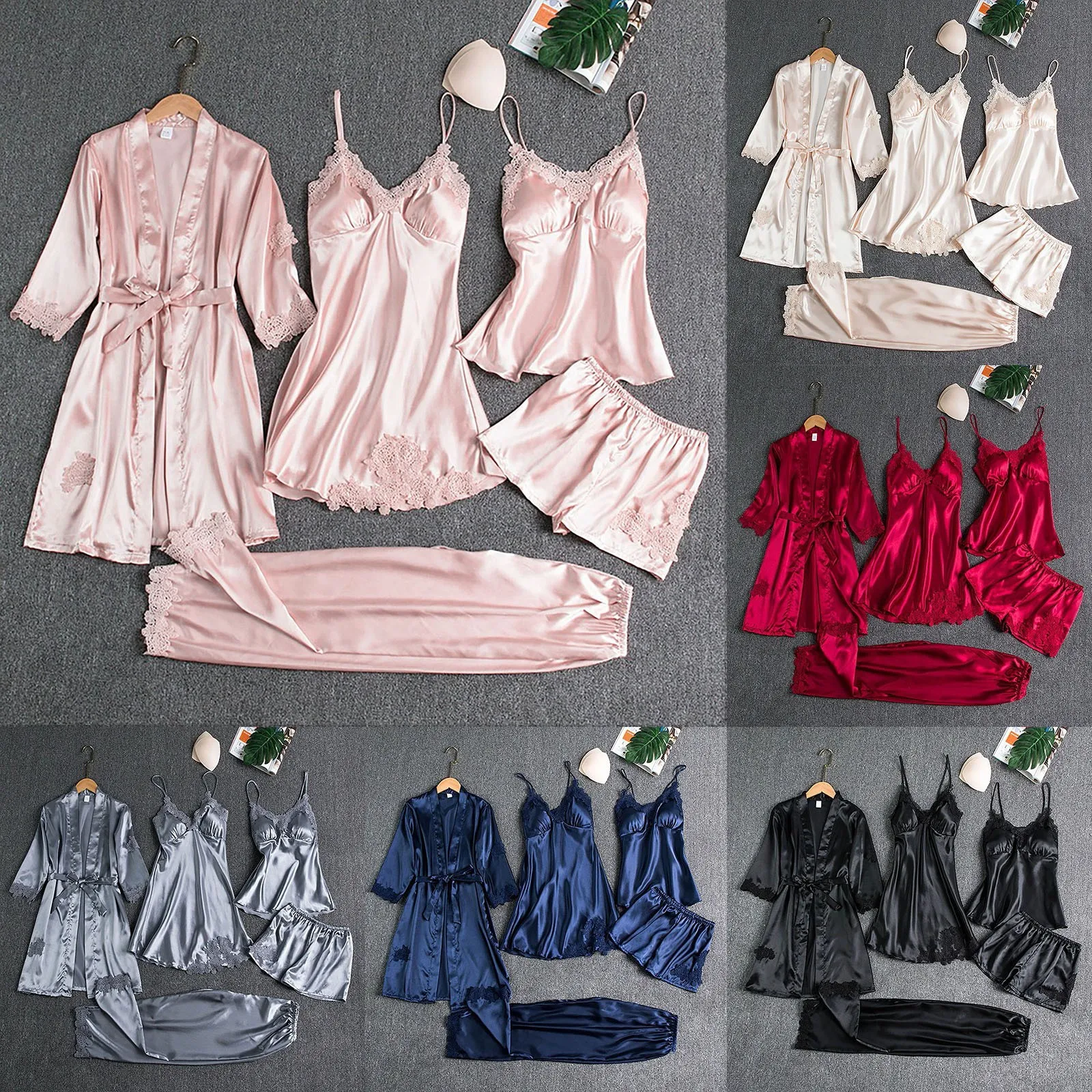 Women Pajamas Set Women Pajama Suit Ladies Satin Pajamas Set 5 Piece Pajamas Silk Like Lace Satin Short Set Ladies Night Gowns for Summer est Night Shirt