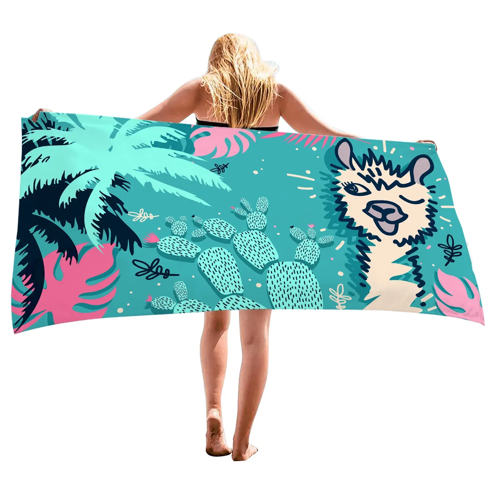 

Summer Cactus and Alpaca Prints Beach Towel Quick Dry Large Bath Towels Surf Poncho Microfiber Bath Towel Summer Swimming Adult