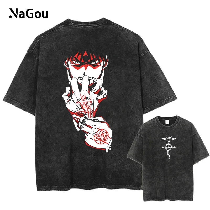

Аниме «Стальной Алхимик» футболка с графическим принтом, Мужская Уличная одежда, футболка в стиле хип-хоп Harajuku, летняя хлопковая футболка с коротким рукавом