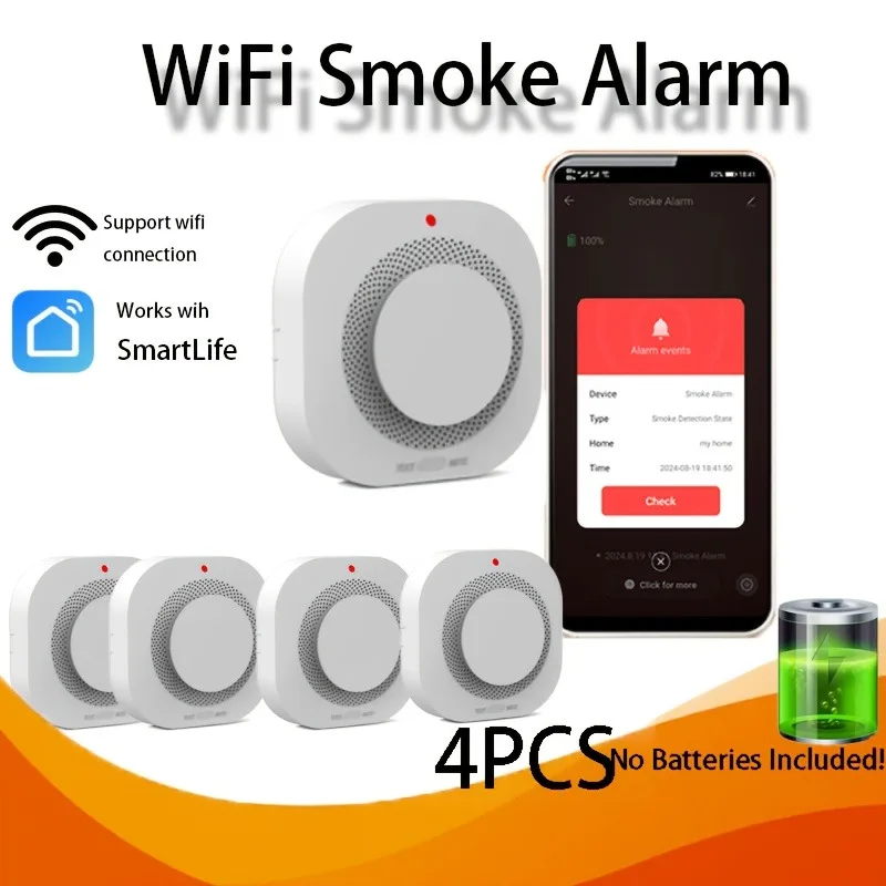 XUK เครื่องตรวจจับควันอัจฉริยะแบบไวไฟพร้อมการแจ้งเตือนผ่านแอพพลิเคชัน, ใช้พลังงานต่ำ, ใช้พลังงานจากแบตเตอรี่ (ไม่รวมแบตเตอรี่), เครื่องตรวจจับควันสำหรับบ้าน 1