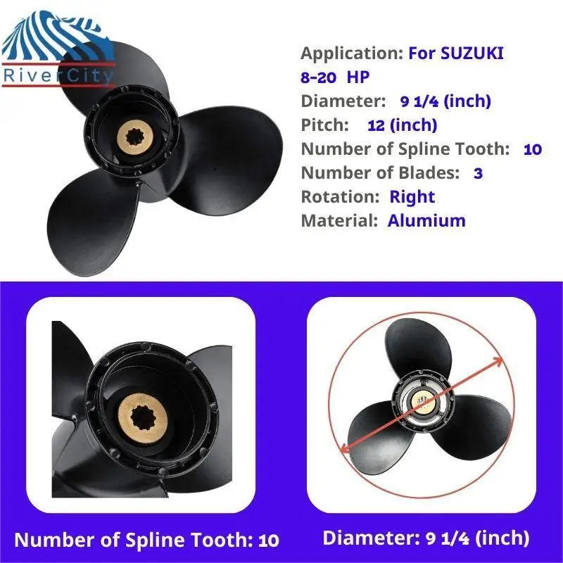 Outboard Propeller For Suzuki 8HP 9.9hp 15hp 20hp 9 1/4*12 Boat Motor Aluminum Alloy Screw Ship Marine Engine 3 Blade 10 Spline