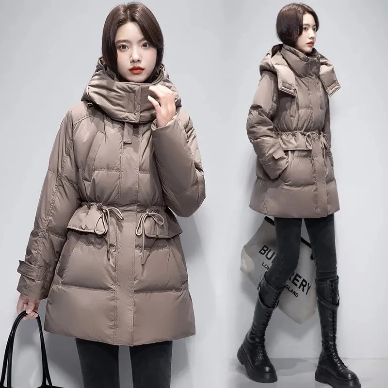 Duck Down Retro Diamond Lattice Horn Buckle Real Hair Ball Cute Down Jacket Mid-length Hooded Loose Warm Jacket Women main image 0