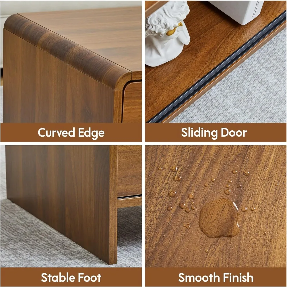 43.3" Walnut Modern Coffee Table with Sliding Door Storage, Farmhouse Style for Living Room