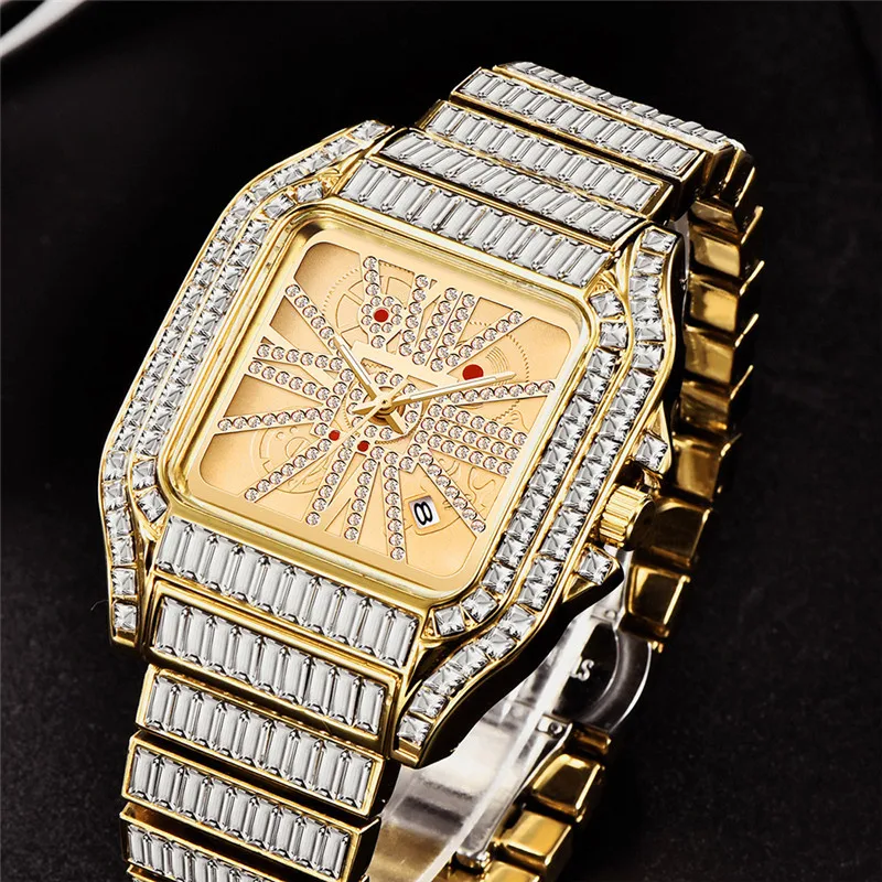 Big Brand Diamond Watches For Male Montre Homme Fashion Alloy Band Hip Hop Golden Date Quartz Watch Relojes Lujo Marcas Men 2024