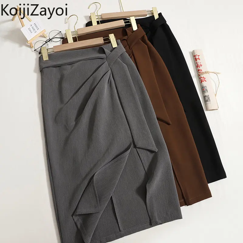

Koijizayoi Solid Women Belted Maxi Elegant Skirt Office Lady Spring Autumn Korean High Waist Skirts Chic Bottom Split Faldas