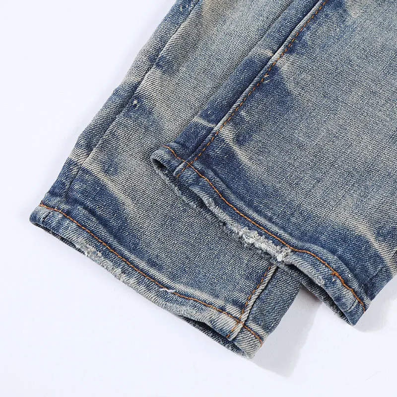 Designer Street Fashion Men's Slim Fit Jeans Retro Blue Elastic Split Jeans White Spliced Hip Hop High Quality Pants