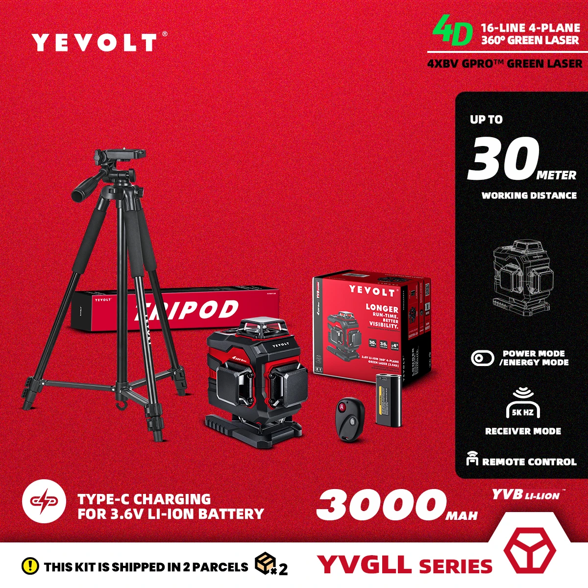 

YEVOLT TP-YVGLL4XS16 4-Plane Green Laser Level 4D 16-Line Self-Leveling 360 Ground Line Horizontal & Vertical Tools -1.5m Tripod