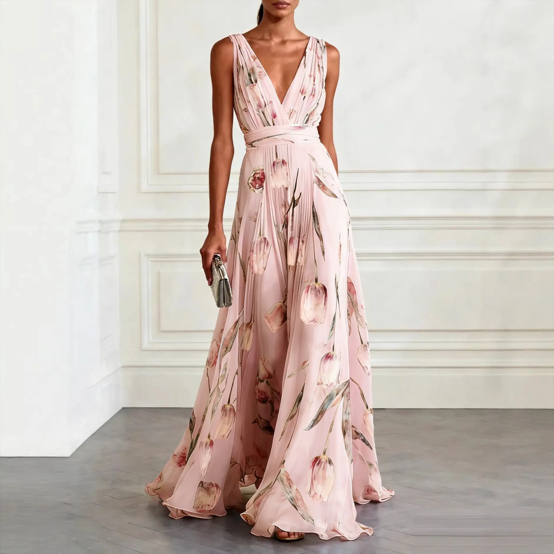 Deep V-neck Chiffon Summer Fashion Pattern Print Elegant Flowy Long Banquet Dress Blue TuneTulip Print Sleeveless Long Dress
