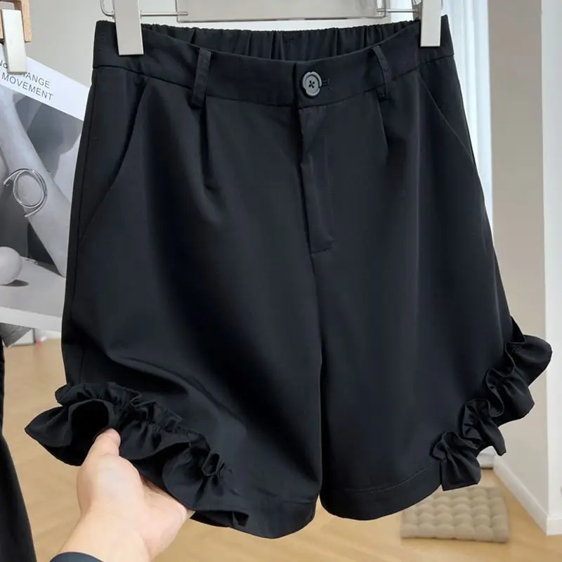 Casual Korean Female Folds Spliced Solid Color Shorts Fashionable Loose High Waist Wide Leg Shorts Summer New Women's Clothing