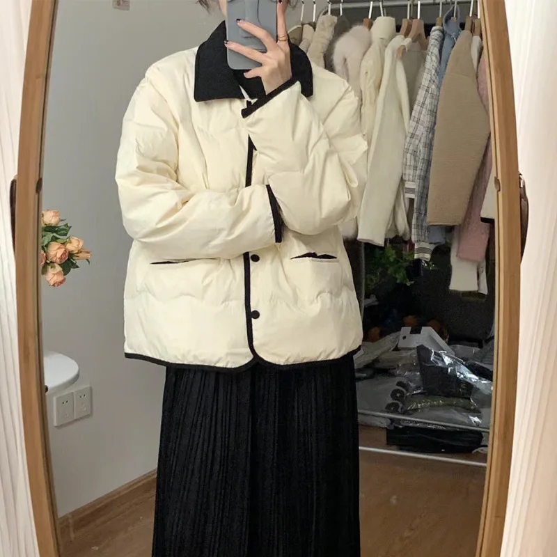 

Korean Harajuku Style Women Coats Autumn Winter Lapel Button Cotton Jacket Short Simple Loose Down Coats Jacket Beige Khaki Blue