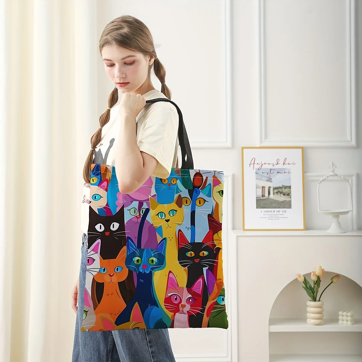 Colorful kitten printed casual handbag, reusable fashionable backpack, multifunctional handbag, printed canvas shopping bag