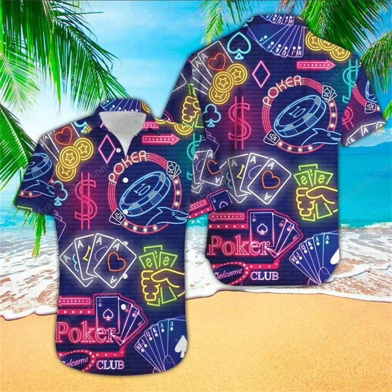 Casino Poker Dice Pattern Beach Shirt For Men Money 3D Printed Hawaiian Shirts Holiday Short Sleeve Lapel Top Loose Women Blouse 3