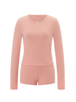 Women s 2 Piece Lounge Set Long Sleeve Crewneck Tops Solid Color Floral Shorts Sleepwear Sets 4