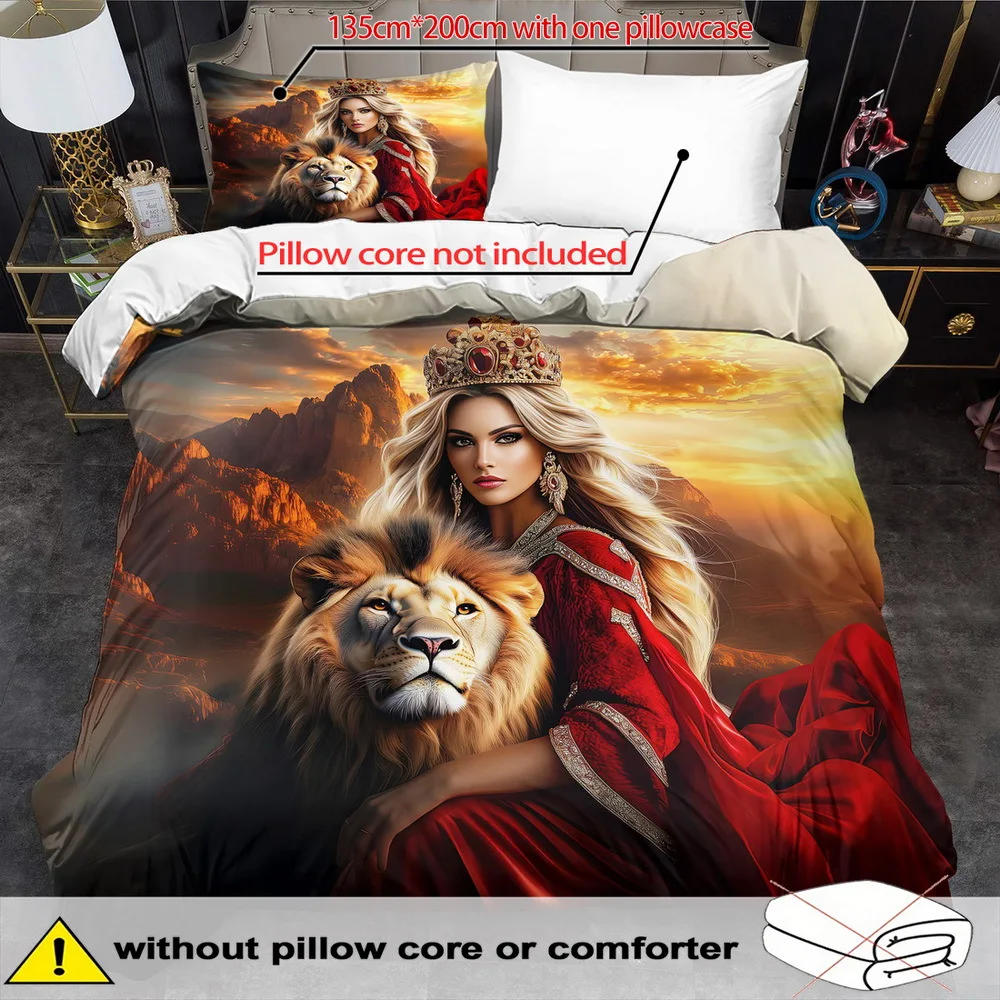 Fantasy Beauty Theme Down Comforter Cover Set - 2/3pcs, Soft Comfortable Breathable, Beauty and Lion Pattern Printed Bedding Set