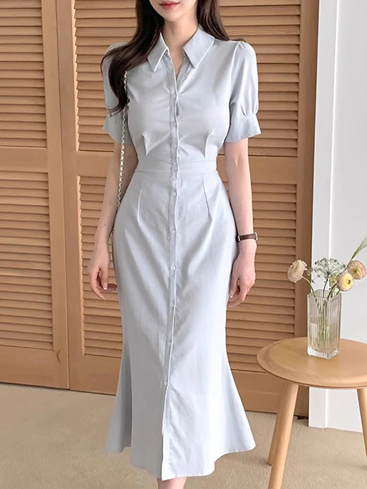 

SuperAen 2024 Korea Chic Summer Elegant Lapel Single Breasted Waist Wrap Short Sleeve Fishtail Dress