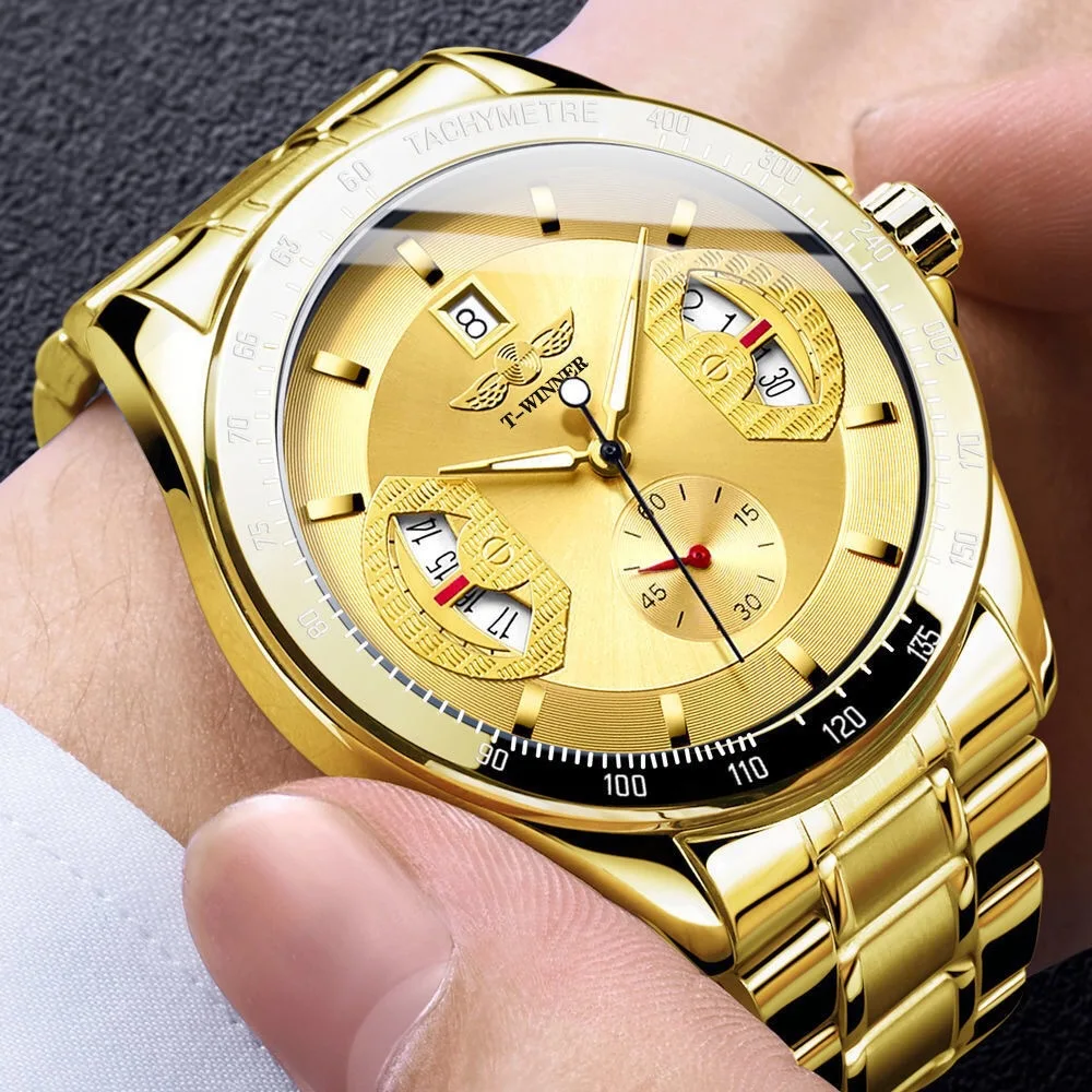 Winner Top Brand Men Trasparente Diamond Luminous Gear Movement Maschio Luxury Golden Mechanical Skeleton Royal Design Orologio Da Polso