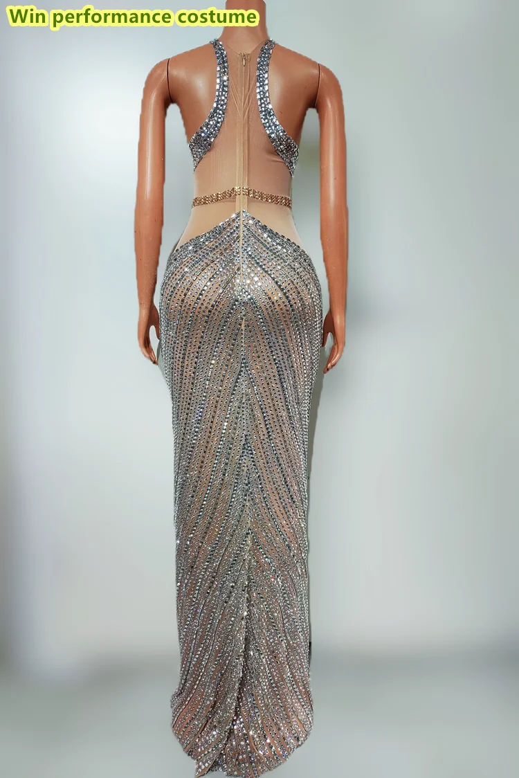 Fashion Show Full Diamond Tight Sexy Mesh Sleeveless Butt Wrapping Long  Dress Nightclub Bar Performance Costume - AliExpress 200000532