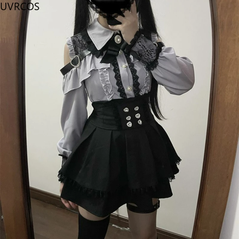 2024 Japanese Black Short Skirt Set Gothic Ruffle Mini Skirts Sexy Lace Off Shoulder Lolita Shirt Gown Faldas Y2k Aesthetic Suit 6