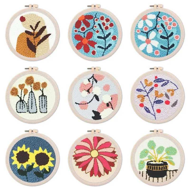 Flowers Punch Needle Embroidery Starter Kits Embroidery Hoop Yarns For Adults Beginners Diy Gift Easy Handicraft embroidery set embroidery kits embroidery hoop