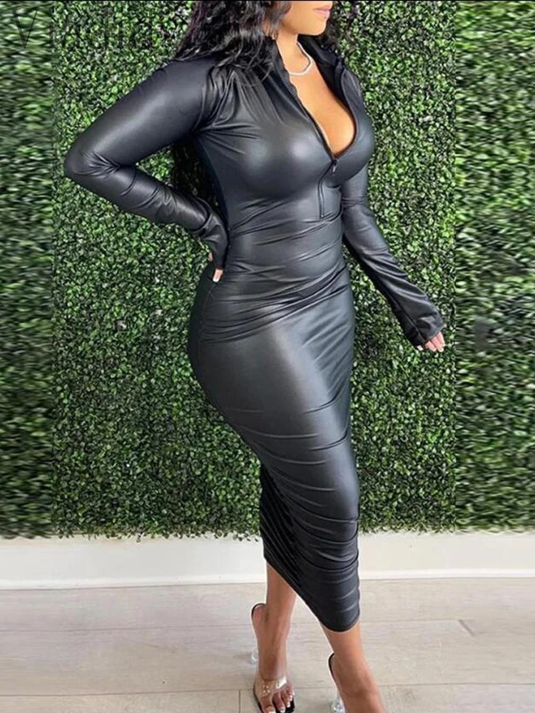 Women Sexy Solid Color PU Faux Leather Long Sleeve Ruched Bodycon Maxi Dress|  | - AliExpress