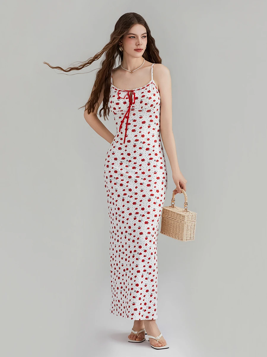 

Women s Floral Print Long Cami Dress Sleeveless Spaghetti Strap Front Ribbon Tie-Up Slim Dress