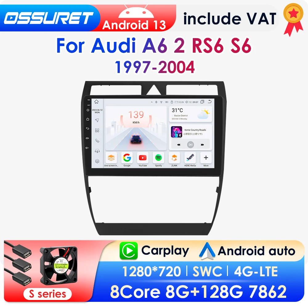 Radio con GPS para coche, reproductor Multimedia con Android, 2 din, 4G, Carplay, voz IA, ocho núcleos, para Audi A6, C5, S6, RS6, 1997-2004 1